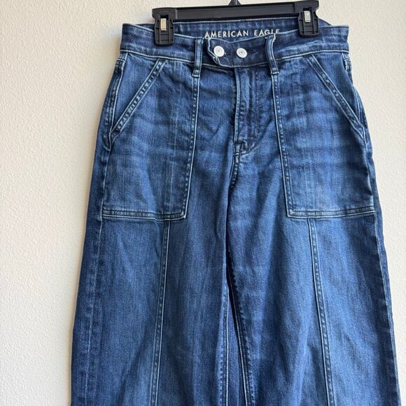 American Eagle Baggy Barrel Wide Leg Dark Solid Wash Jean Size 0 Regular 26 - Picture 2 of 7